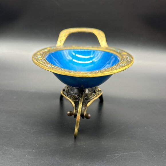 Vintage Brass Enamel Wheelbarrow Trinket Dish Israel Blue Gold Centerpiece Bowl - Picture 5 of 12